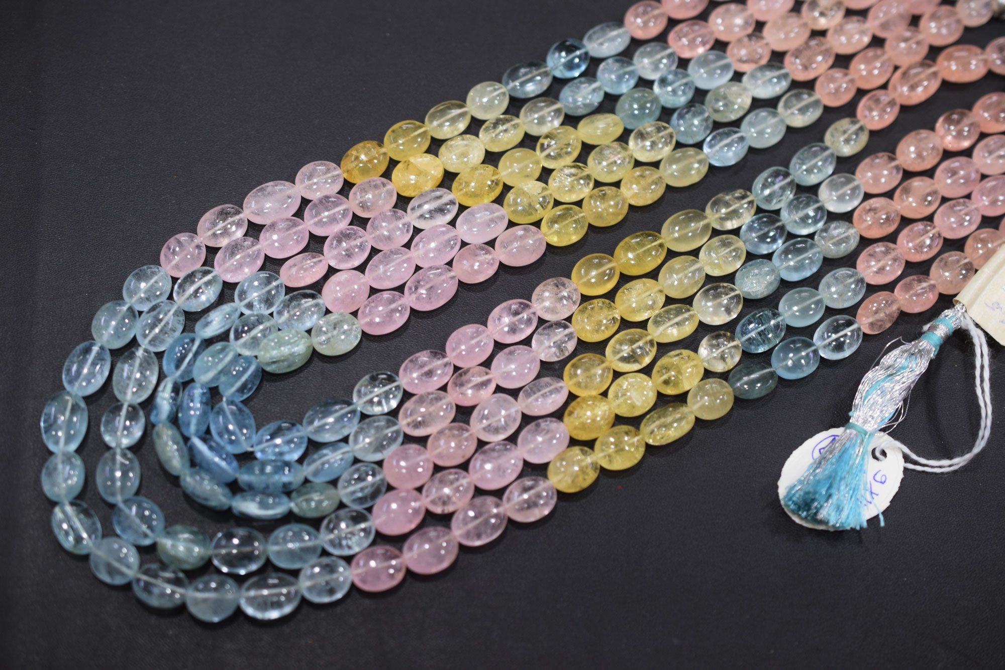 5 Lines Multi Aquamarine Smooth Oval Shape Beads Necklace With Adjustable Tussle , 9x11 - 10x15 mm , 17"- 22" ,  17529