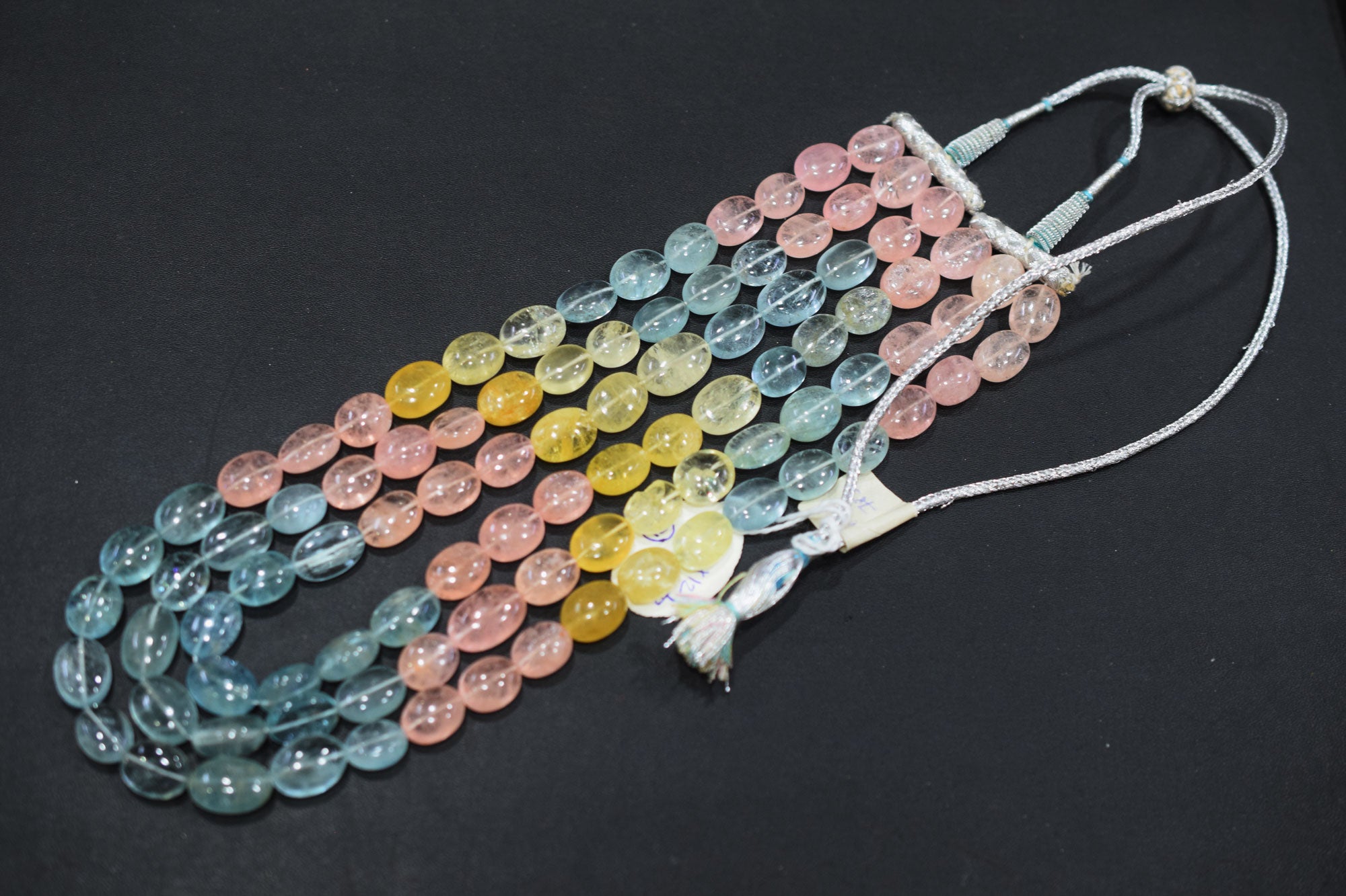 3 Lines Multi Aquamarine Smooth Oval Shape Beads Necklace With Adjustable Tussle , 10x12 - 12x17 mm , 16"- 18" ,  17531