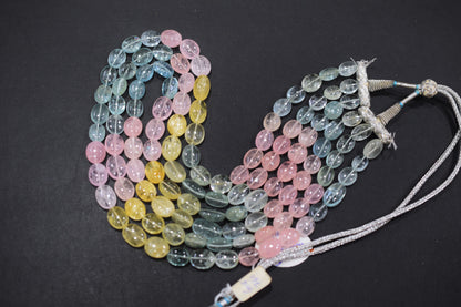 3 Lines Multi Aquamarine Smooth Oval Shape Beads Necklace With Adjustable Tussle , 9x11 - 10x16 mm , 18"- 21" ,  17533