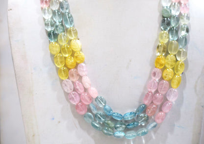 3 Lines Multi Aquamarine Smooth Oval Shape Beads Necklace With Adjustable Tussle , 9x11 - 10x16 mm , 18"- 21" ,  17533