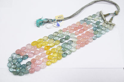 3 Lines Multi Aquamarine Smooth Oval Shape Beads Necklace With Adjustable Tussle , 9x11 - 10x16 mm , 18"- 21" ,  17533