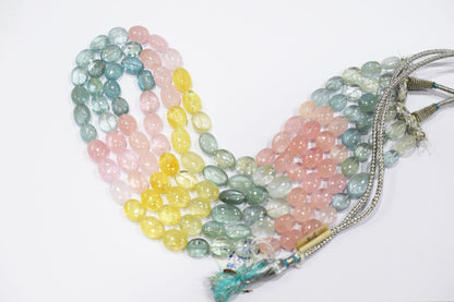 3 Lines Multi Aquamarine Smooth Oval Shape Beads Necklace With Adjustable Tussle , 9x11 - 10x16 mm , 18"- 21" ,  17533