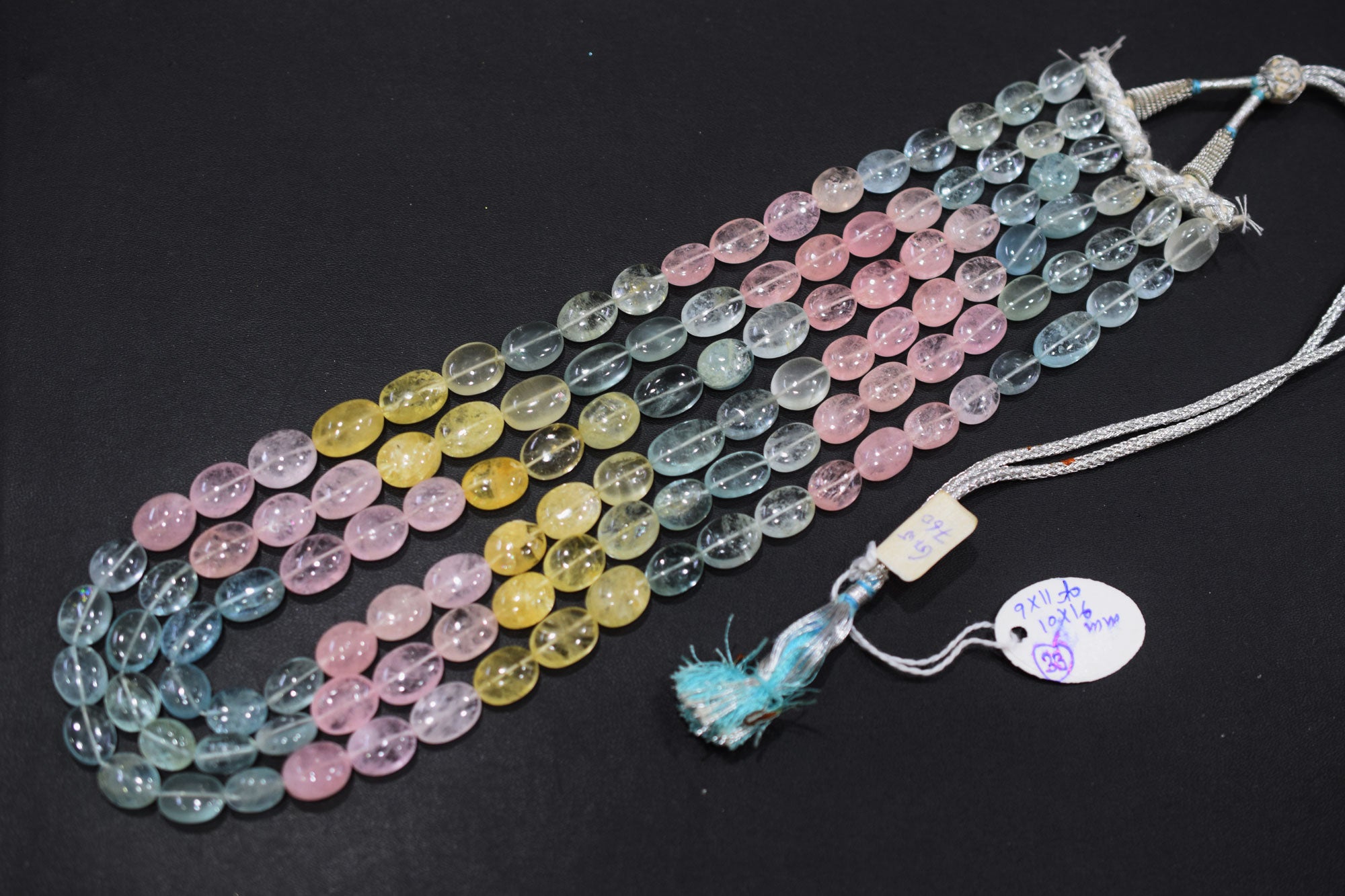 3 Lines Multi Aquamarine Smooth Oval Shape Beads Necklace With Adjustable Tussle , 9x11 - 10x16 mm , 18"- 21" ,  17533