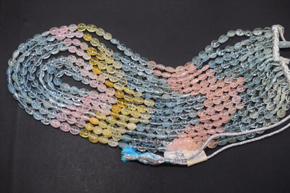 7 Lines Multi Aquamarine Smooth Oval Shape Beads Necklace With Adjustable Tussle , 7x9 - 7.50x10.5 mm , 19"- 24" ,  17536