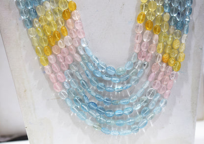 7 Lines Multi Aquamarine Smooth Oval Shape Beads Necklace With Adjustable Tussle , 7x9 - 7.50x10.5 mm , 19"- 24" ,  17536