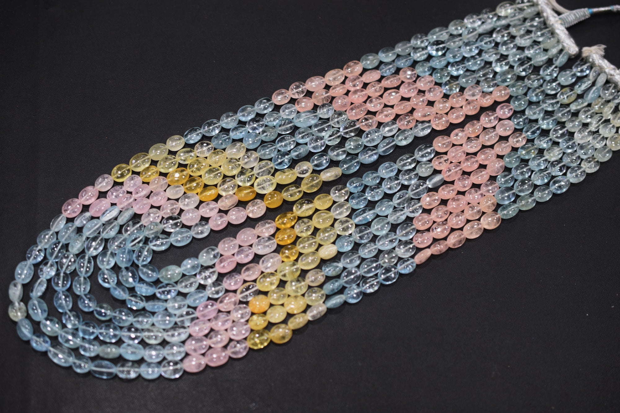 7 Lines Multi Aquamarine Smooth Oval Shape Beads Necklace With Adjustable Tussle , 7x9 - 7.50x10.5 mm , 19"- 24" ,  17536