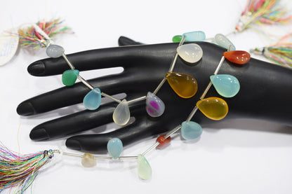 11 Pieces Multi Chalcedony Smooth Pear Shape Briolettes , Sold By Strand , 8x11 - 15x22 mm , 17883