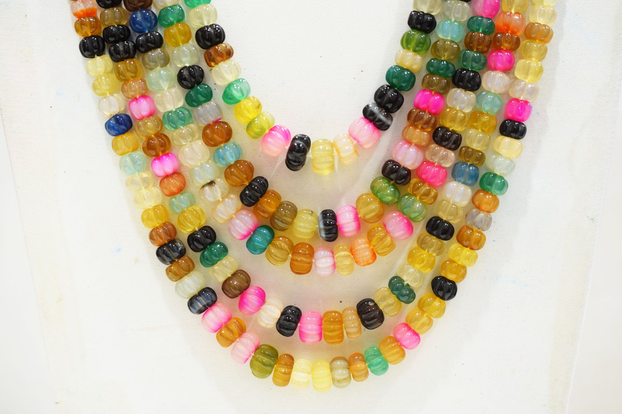 5 Lines Multi Chalcedony Carved Melon Shape Beads Necklace With Adjustable Tussle , 6 - 12 mm , 16" - 22", 18531