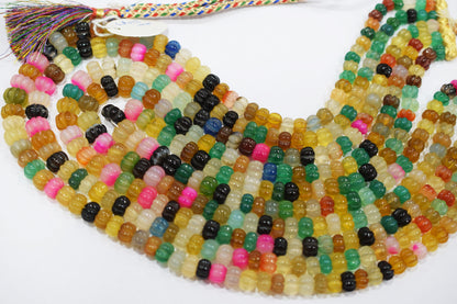5 Lines Multi Chalcedony Carved Melon Shape Beads Necklace With Adjustable Tussle , 6 - 12 mm , 16" - 22", 18531