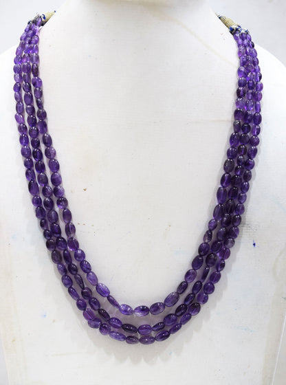 3 Lines Amethyst Smooth Oval Nuggets Shape Beads Necklace With Adjustable Tussle , 5.50x6.50 - 7x10 mm , 16" - 18", 18534