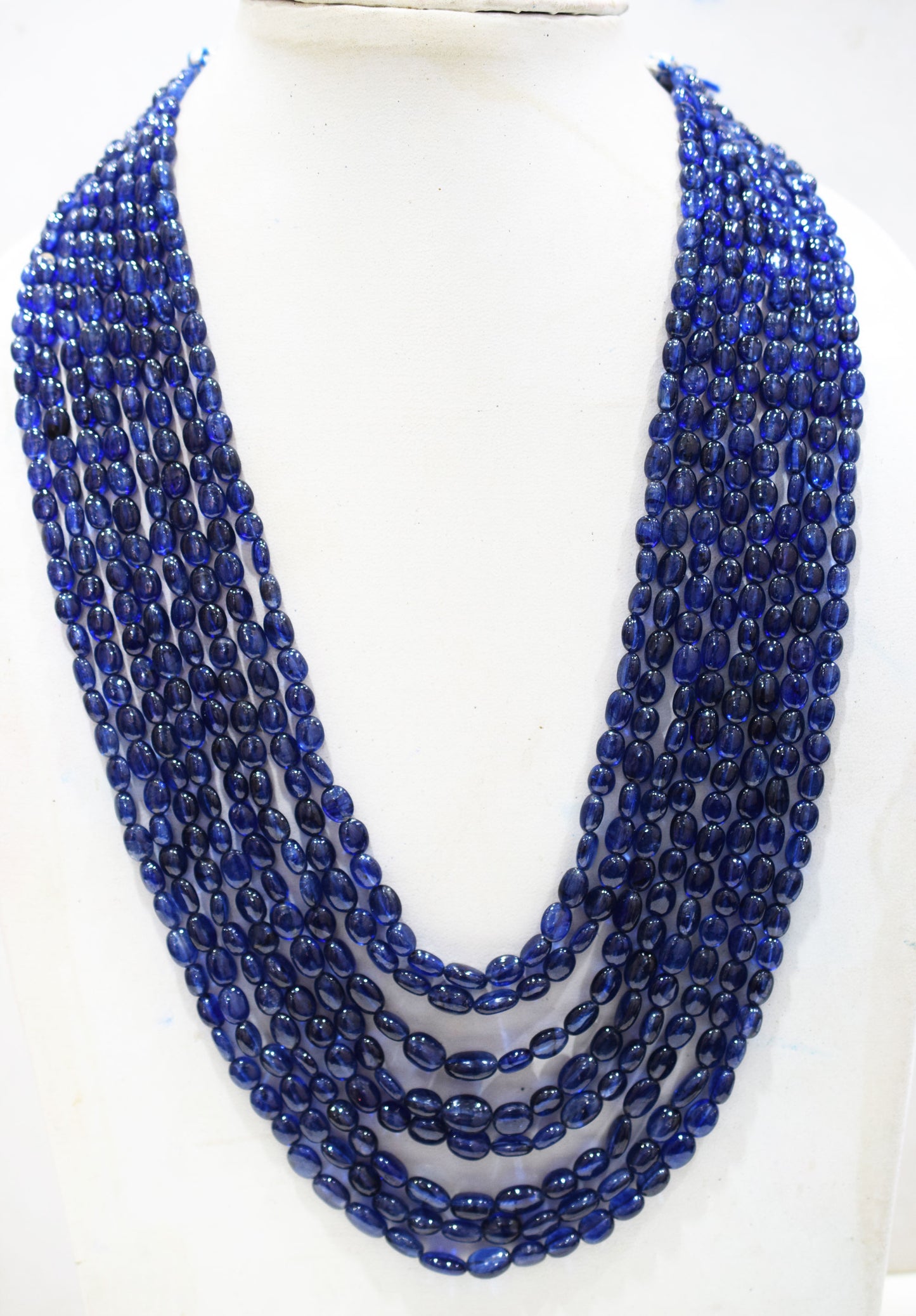 8 Lines Glass Filled Blue Sapphire Smooth Oval Nuggets Shape Beads Necklace With Adjustable Tussle , 4.50x5 - 8x10.50 mm , 16" - 22.50", 18539