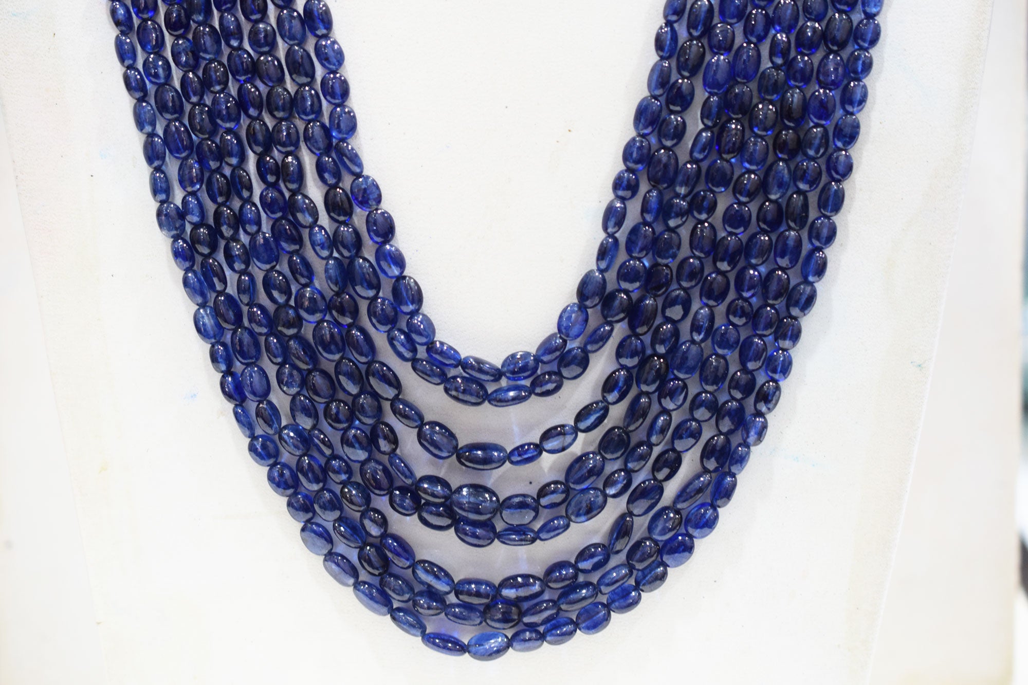 8 Lines Glass Filled Blue Sapphire Smooth Oval Nuggets Shape Beads Necklace With Adjustable Tussle , 4.50x5 - 8x10.50 mm , 16" - 22.50", 18539