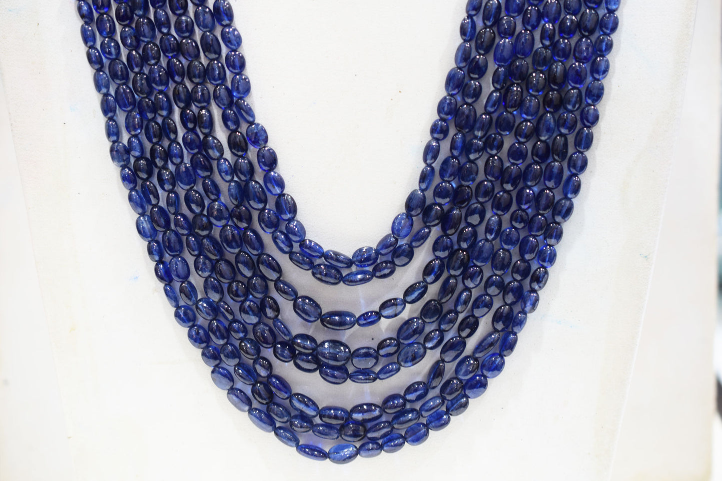 8 Lines Glass Filled Blue Sapphire Smooth Oval Nuggets Shape Beads Necklace With Adjustable Tussle , 4.50x5 - 8x10.50 mm , 16" - 22.50", 18539