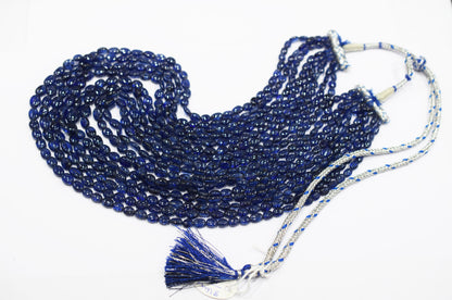 8 Lines Glass Filled Blue Sapphire Smooth Oval Nuggets Shape Beads Necklace With Adjustable Tussle , 4.50x5 - 8x10.50 mm , 16" - 22.50", 18539