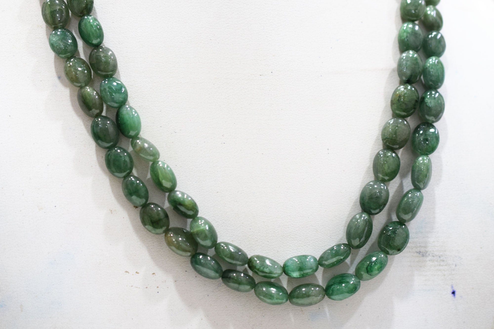2 Line Natural Emerald Green Smooth Oval Shape Necklace With Adjustable Tussle , 7x9-10x13 mm , 21"- 22" , 18865