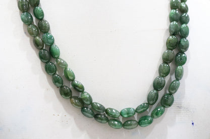 2 Line Natural Emerald Green Smooth Oval Shape Necklace With Adjustable Tussle , 7x9-10x13 mm , 21"- 22" , 18865