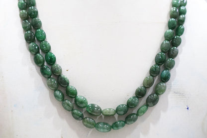 2 Line Natural Emerald Green Smooth Oval Shape Necklace With Adjustable Tussle , 6.5x8 - 10x14 mm , 17"- 18" , 18866