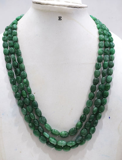 3 Line Natural Emerald Green Smooth Oval Shape Necklace With Adjustable Tussle , 7x8 - 10x13.50 mm , 17"- 21" , 18867