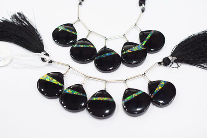 5 Pieces Ethiopian Opal Fused Black Onyx Heart Shape Briolettes , 20x20 mm , 19083