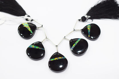 5 Pieces Ethiopian Opal Fused Black Onyx Heart Shape Briolettes , 20x20 mm , 19083