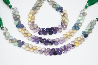 Natural Multi Fluorite Heart Shape Beads , Multi Fluorite Faceted Briolettes , Sold By Strand , 8 Inches , 8x8 - 8.50x8.50 mm , 19462