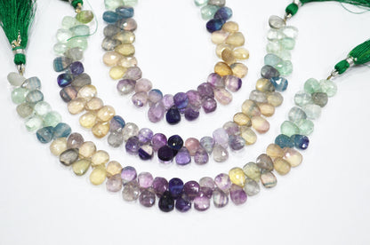 Natural Multi Fluorite Pear Shape Beads , Multi Fluorite Faceted Briolettes , Sold By Strand , 8 Inches , 7x9 - 7x10 mm , 19464