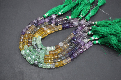 Natural Multi Fluorite Cube Shape Beads , Multi Fluorite Faceted 3D Box Shape Beads , Sold By Strand , 8 Inches , 6.50x6.50 - 7x7 mm , 19465