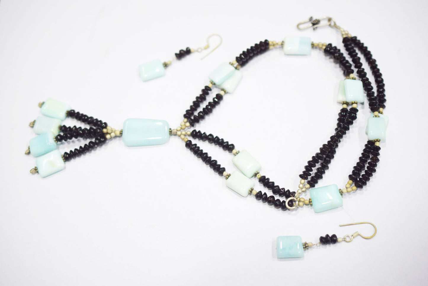 Natural Amazonite Black Onyx Necklace Set, Handmade Multi Strand Beaded Statement Jewelry, Boho Tassel Necklace Earring Set Gift For Her, BL-4598