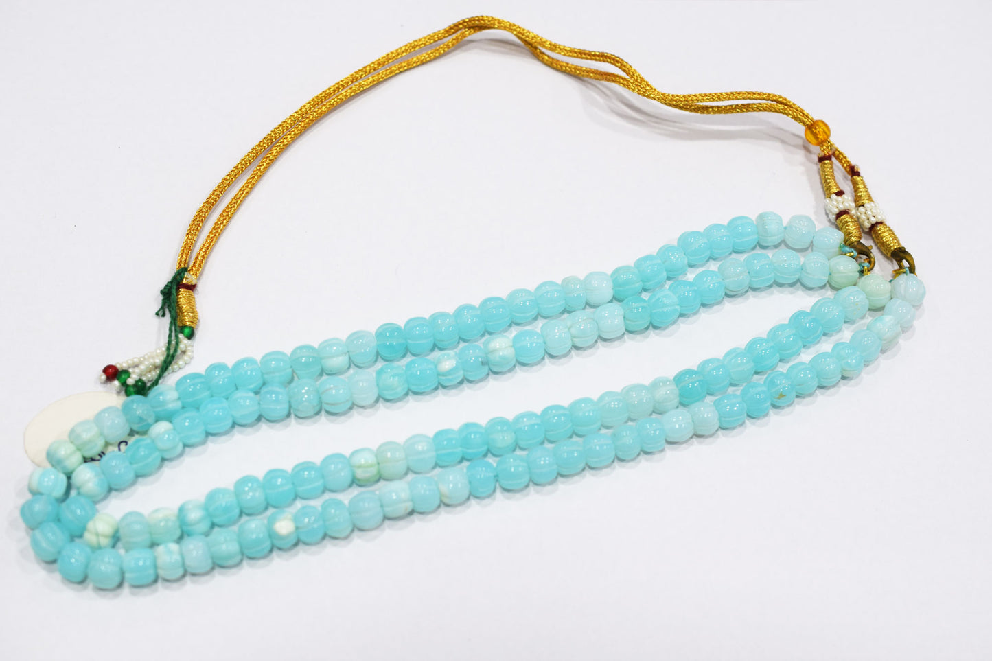 2 Line Blue Opal Carved Melon Shape Necklace , 2 Line Necklace With Adjustable Tussle  , 7 - 8.50 mm , 16"-18" , 20188