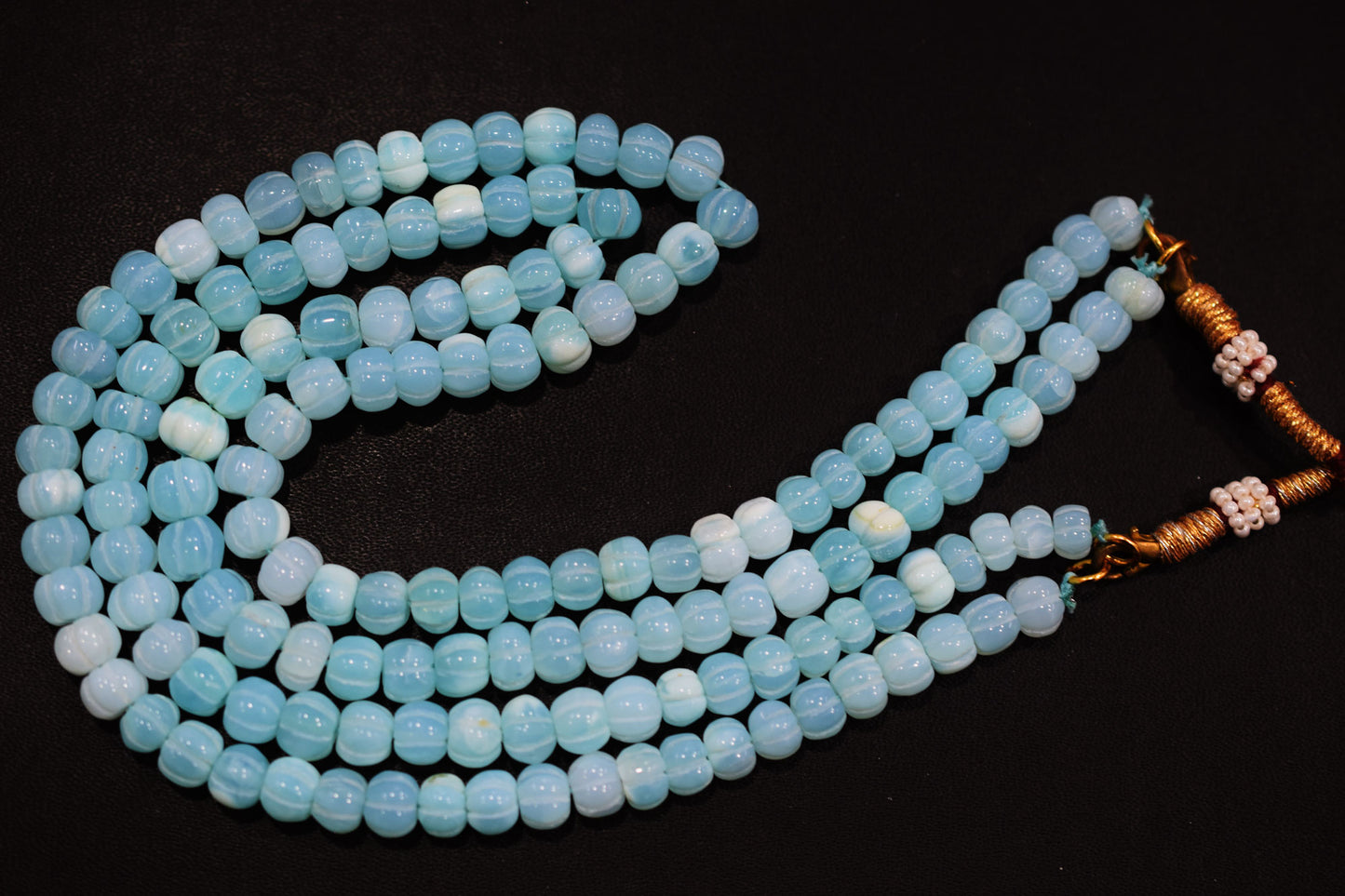 2 Line Blue Opal Carved Melon Shape Necklace , 2 Line Necklace With Adjustable Tussle  , 7 - 8.50 mm , 16"-18" , 20188