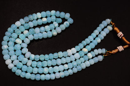 2 Line Blue Opal Carved Melon Shape Necklace , 2 Line Necklace With Adjustable Tussle  , 7 - 8.50 mm , 16"-18" , 20188