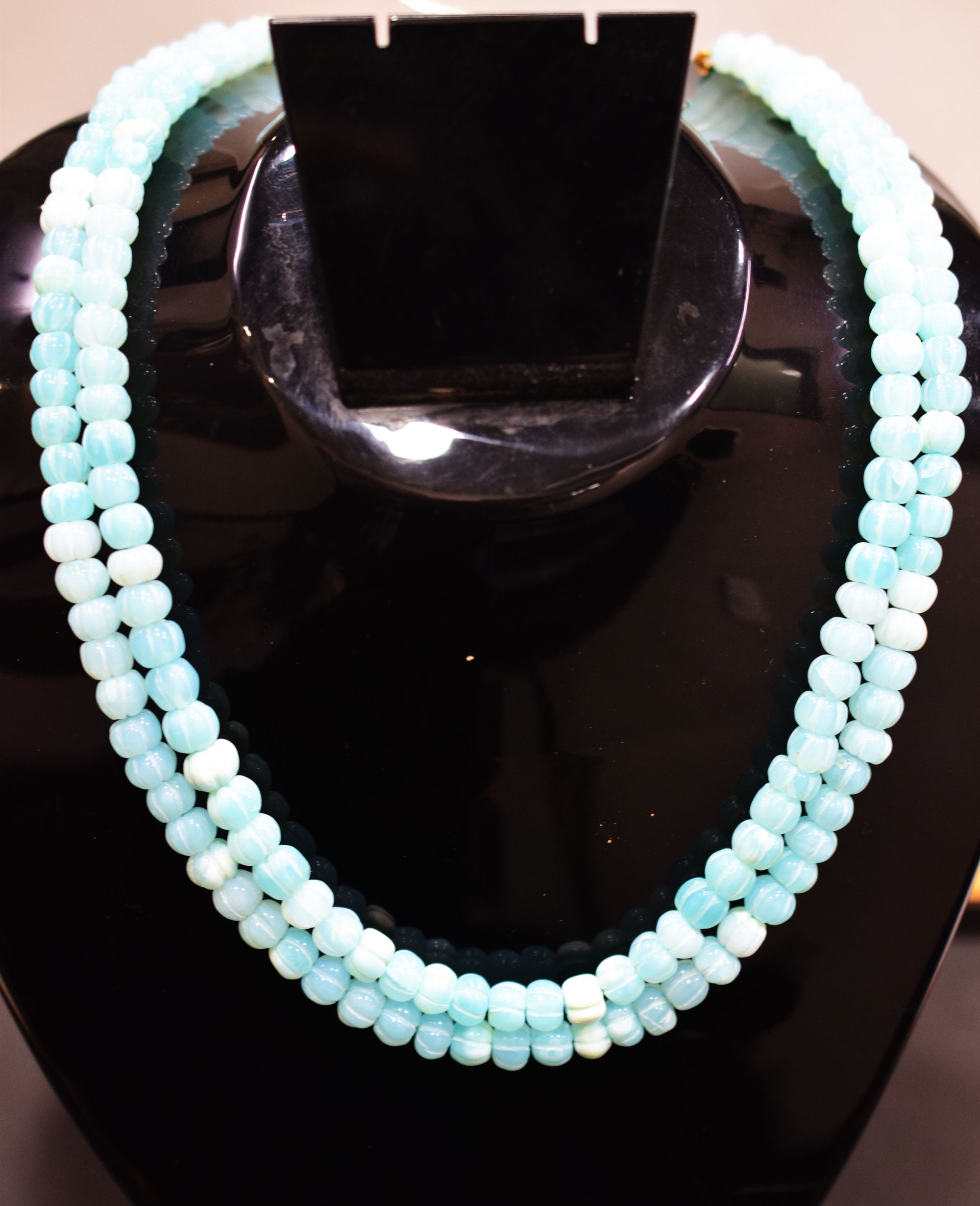 2 Line Blue Opal Carved Melon Shape Necklace , 2 Line Necklace With Adjustable Tussle  , 7 - 8.50 mm , 16"-18" , 20188