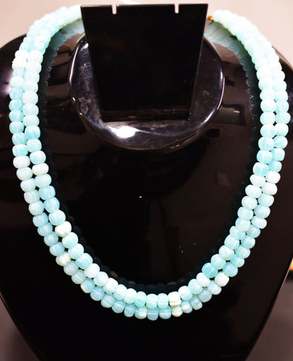 2 Line Blue Opal Carved Melon Shape Necklace , 2 Line Necklace With Adjustable Tussle  , 7 - 8.50 mm , 16"-18" , 20188