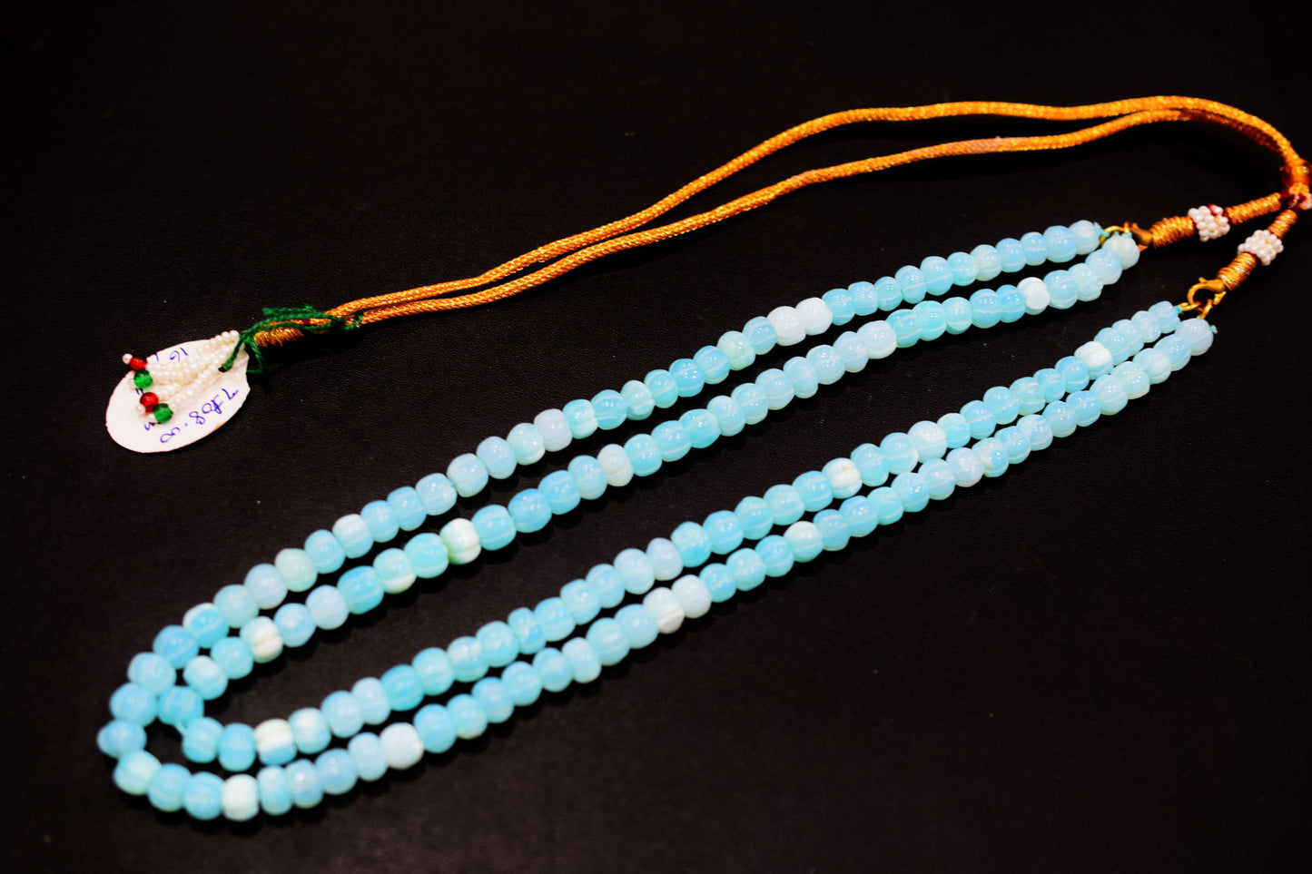 2 Line Blue Opal Carved Melon Shape Necklace , 2 Line Necklace With Adjustable Tussle  , 7 - 8.50 mm , 16"-18" , 20188