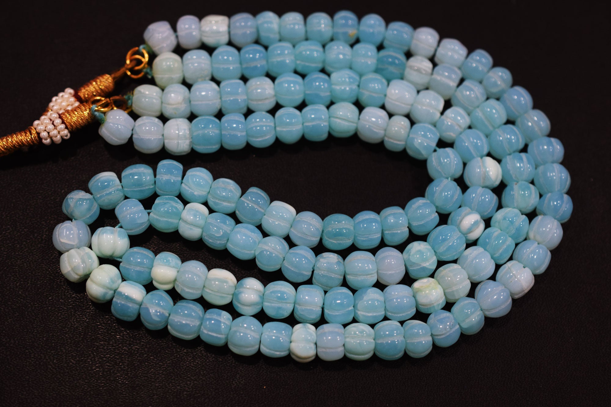 2 Line Blue Opal Carved Melon Shape Necklace , 2 Line Necklace With Adjustable Tussle  , 8.50 - 9 mm , 16"-18" , 20189