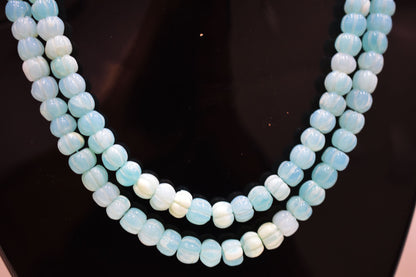 2 Line Blue Opal Carved Melon Shape Necklace , 2 Line Necklace With Adjustable Tussle  , 9 - 10 mm , 16"-18" , 20190