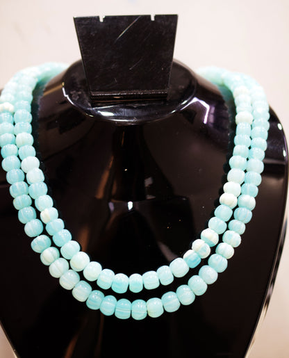 2 Line Blue Opal Carved Melon Shape Necklace , 2 Line Necklace With Adjustable Tussle  , 9 - 10 mm , 16"-18" , 20190