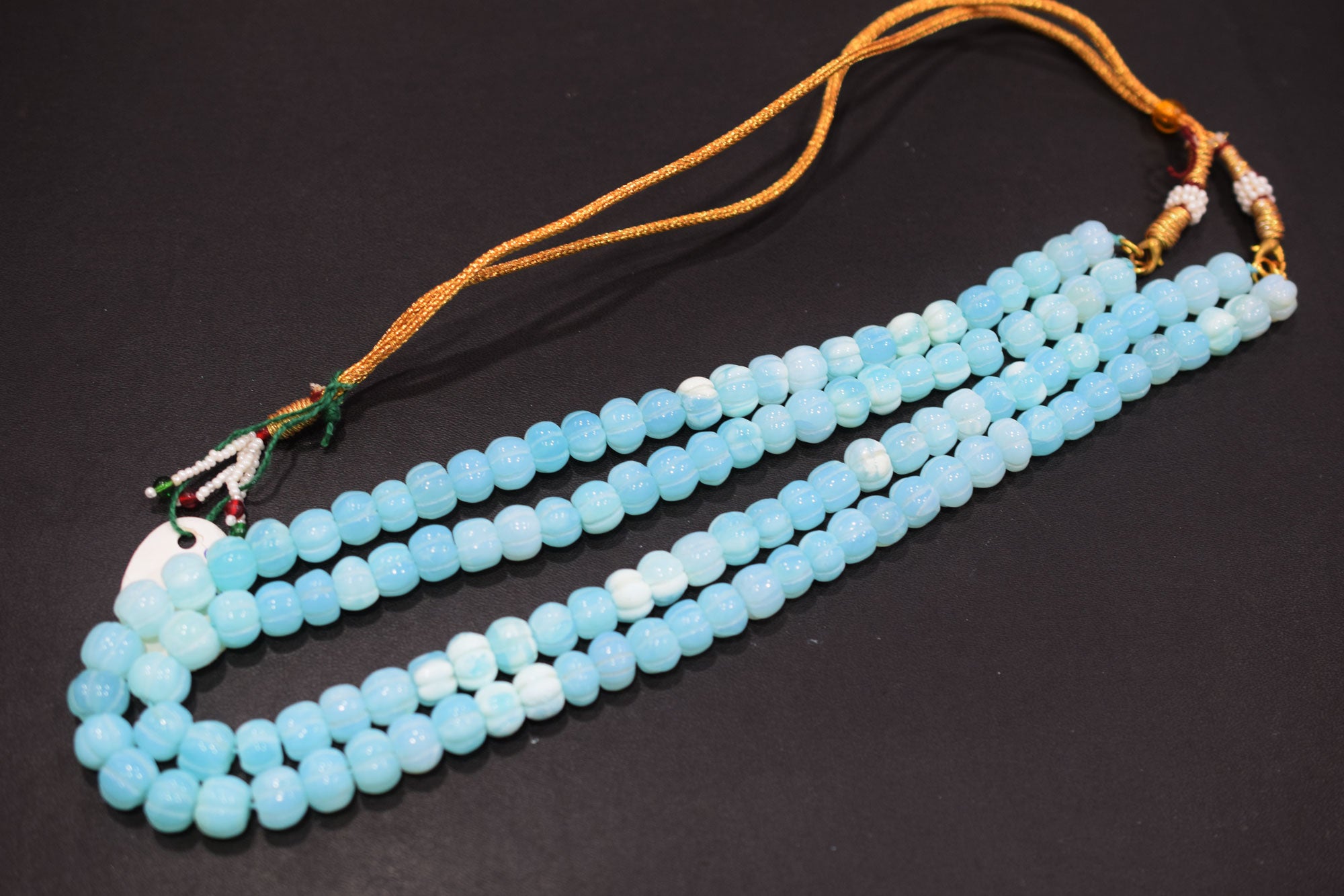 2 Line Blue Opal Carved Melon Shape Necklace , 2 Line Necklace With Adjustable Tussle  , 9 - 10 mm , 16"-18" , 20190