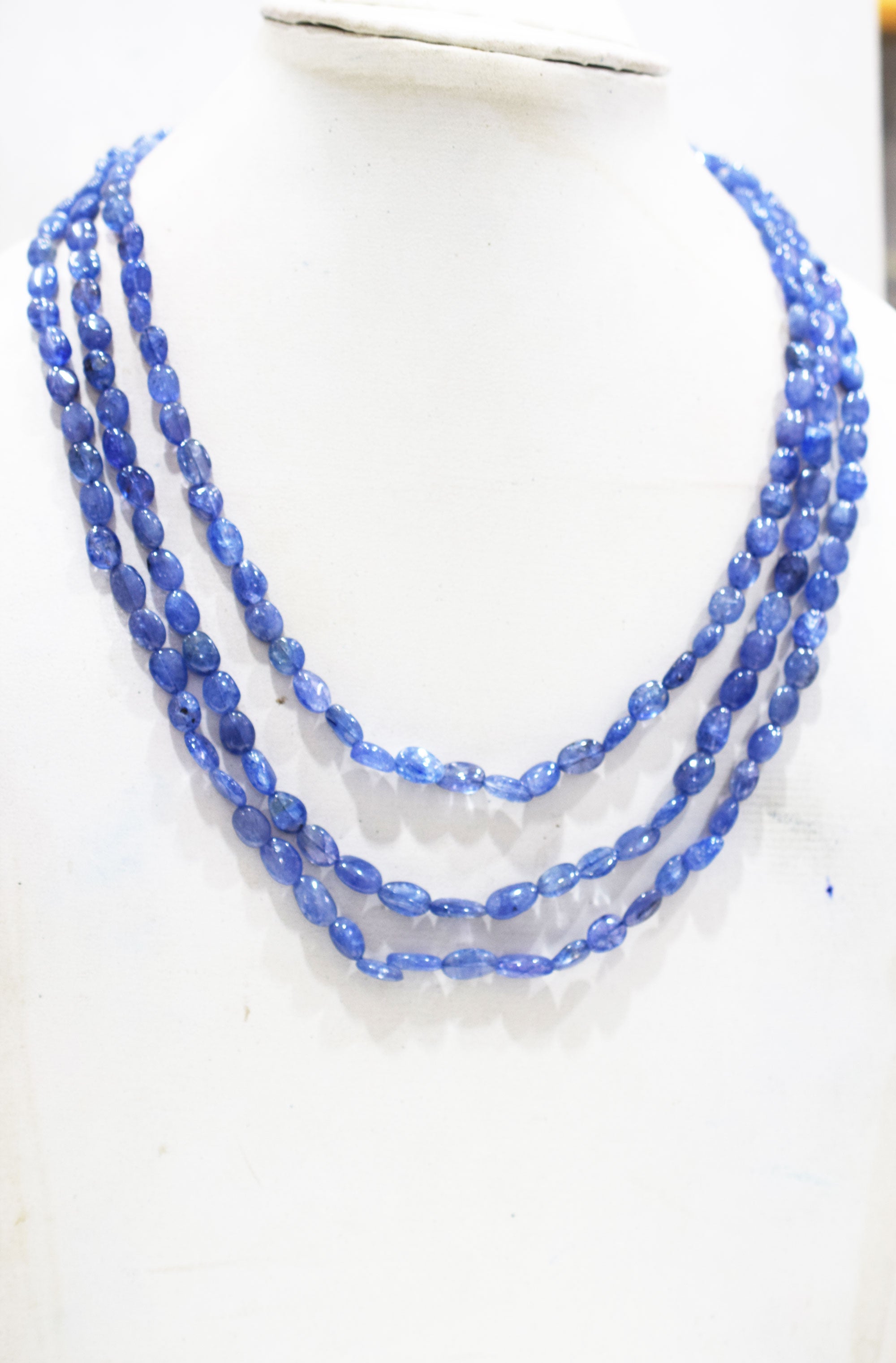 3 Lines Tanzanite Smooth Nuggets Shape Necklace , 3 Line Necklace 16 - 18 Inches Long With Adjustable Tussle , 6x7.5 - 6.5x9 mm , 20202