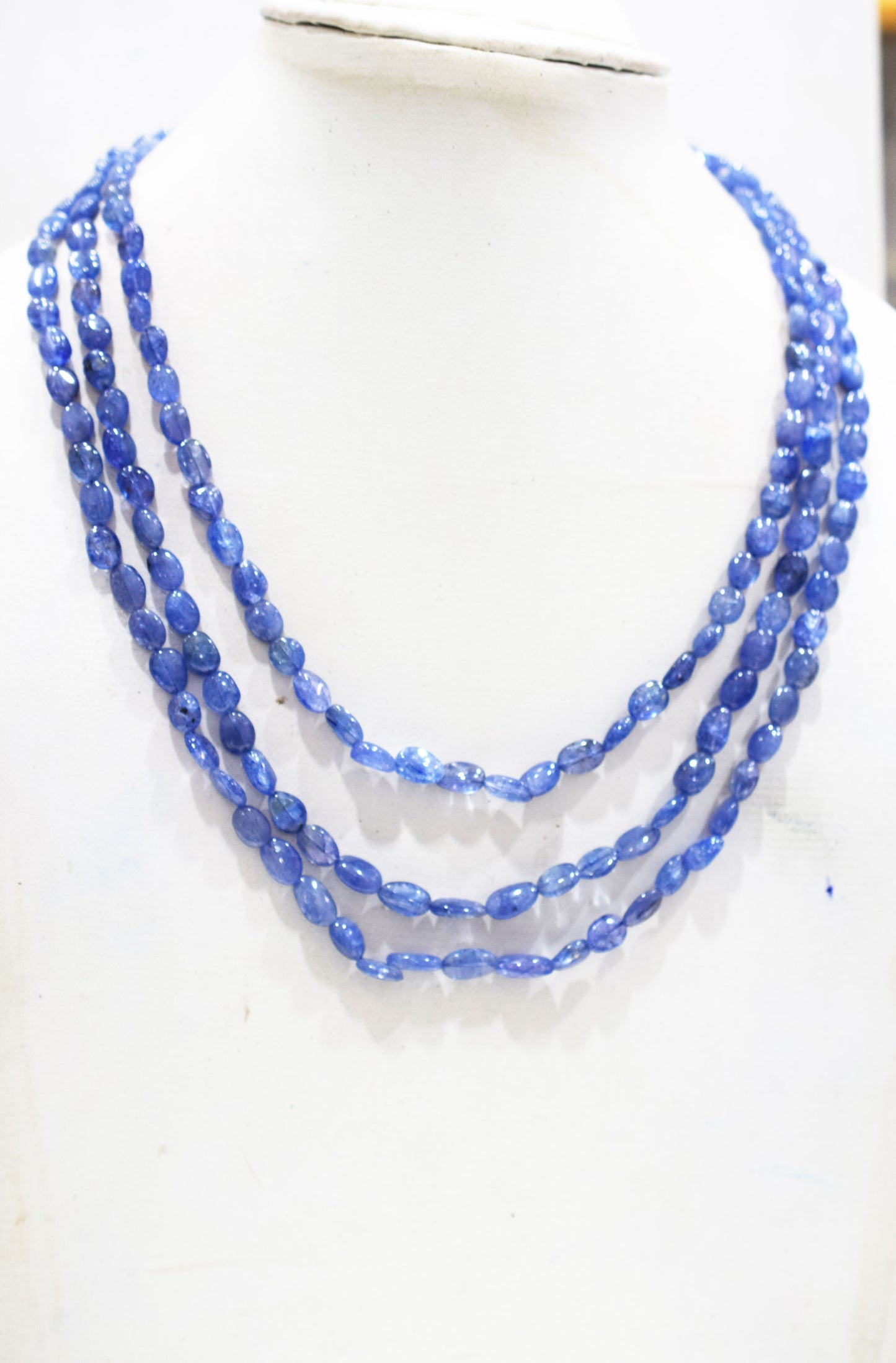 3 Lines Tanzanite Smooth Nuggets Shape Necklace , 3 Line Necklace 16 - 18 Inches Long With Adjustable Tussle , 6x7.5 - 6.5x9 mm , 20202