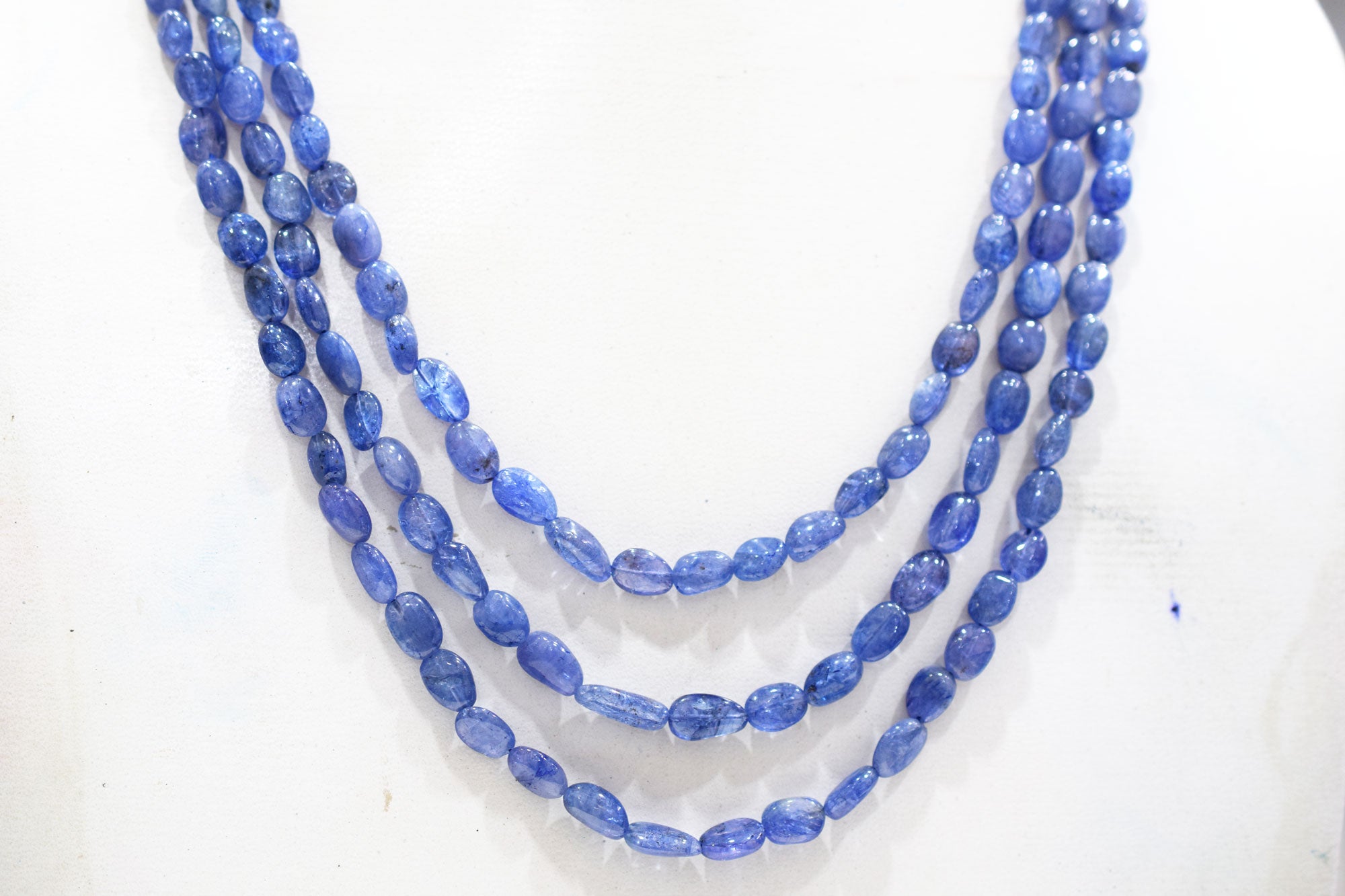 3 Lines Tanzanite Smooth Nuggets Shape Necklace , 3 Line Necklace 16 - 19 Inches Long With Adjustable Tussle , 6x8 - 6.5x10 mm , 20204