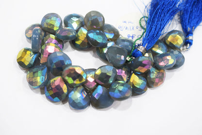 Metallic Coated Blue Chalcedony Heart Shape Beads , Sold By Strand , 13 - 14.50 mm , 7" , 20392
