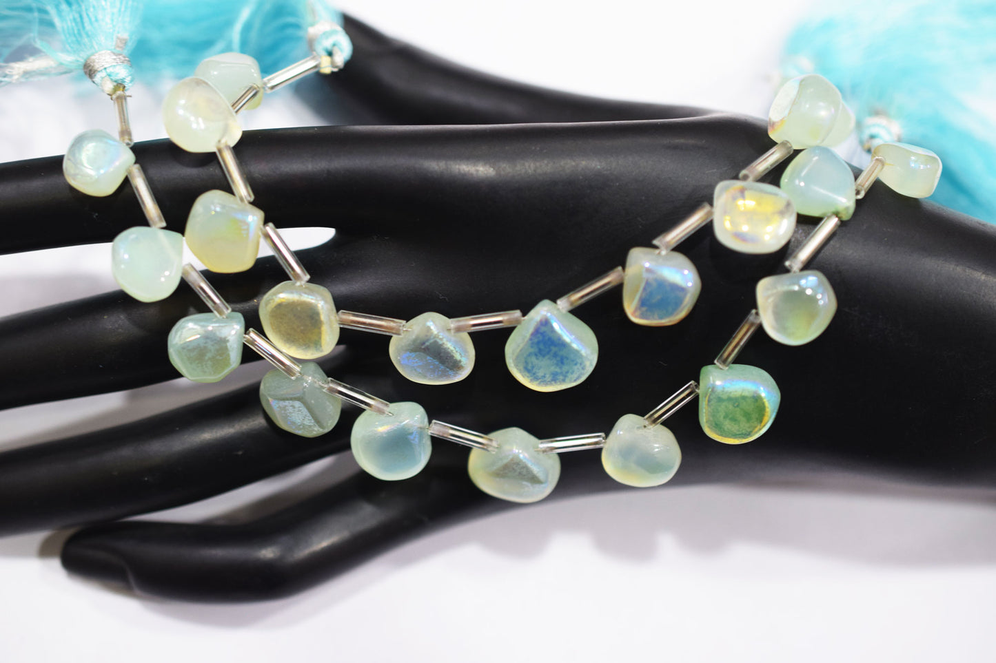 11 Pieces In A Strand , Aqua Chalcedony Rustic Style Titanium Coated Heart Shape Beads , 10 - 12 mm , 20412