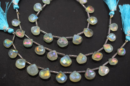 11 Pieces In A Strand , Aqua Chalcedony Rustic Style Titanium Coated Heart Shape Beads , 10 - 12 mm , 20413