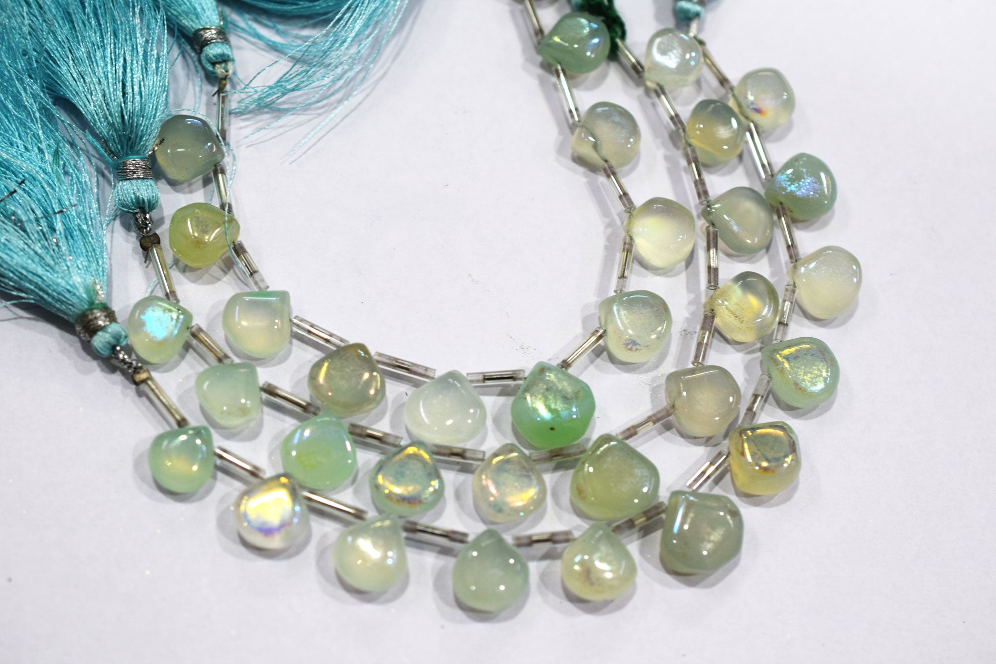 11 Pieces In A Strand , Aqua Chalcedony Rustic Style Titanium Coated Heart  Shape Beads , 9 - 13 mm , 20414
