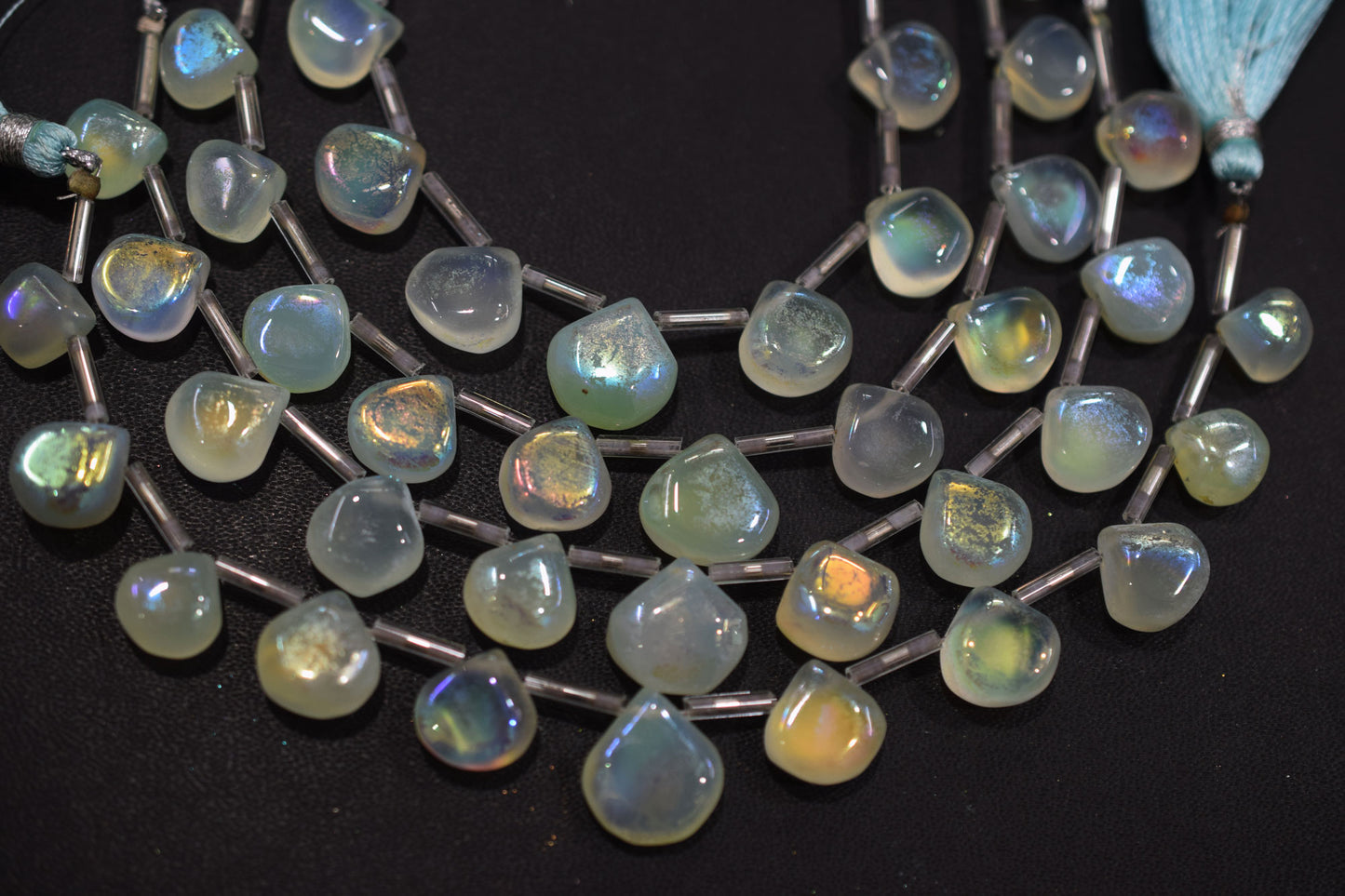 11 Pieces In A Strand , Aqua Chalcedony Rustic Style Titanium Coated Heart  Shape Beads , 9 - 13 mm , 20414