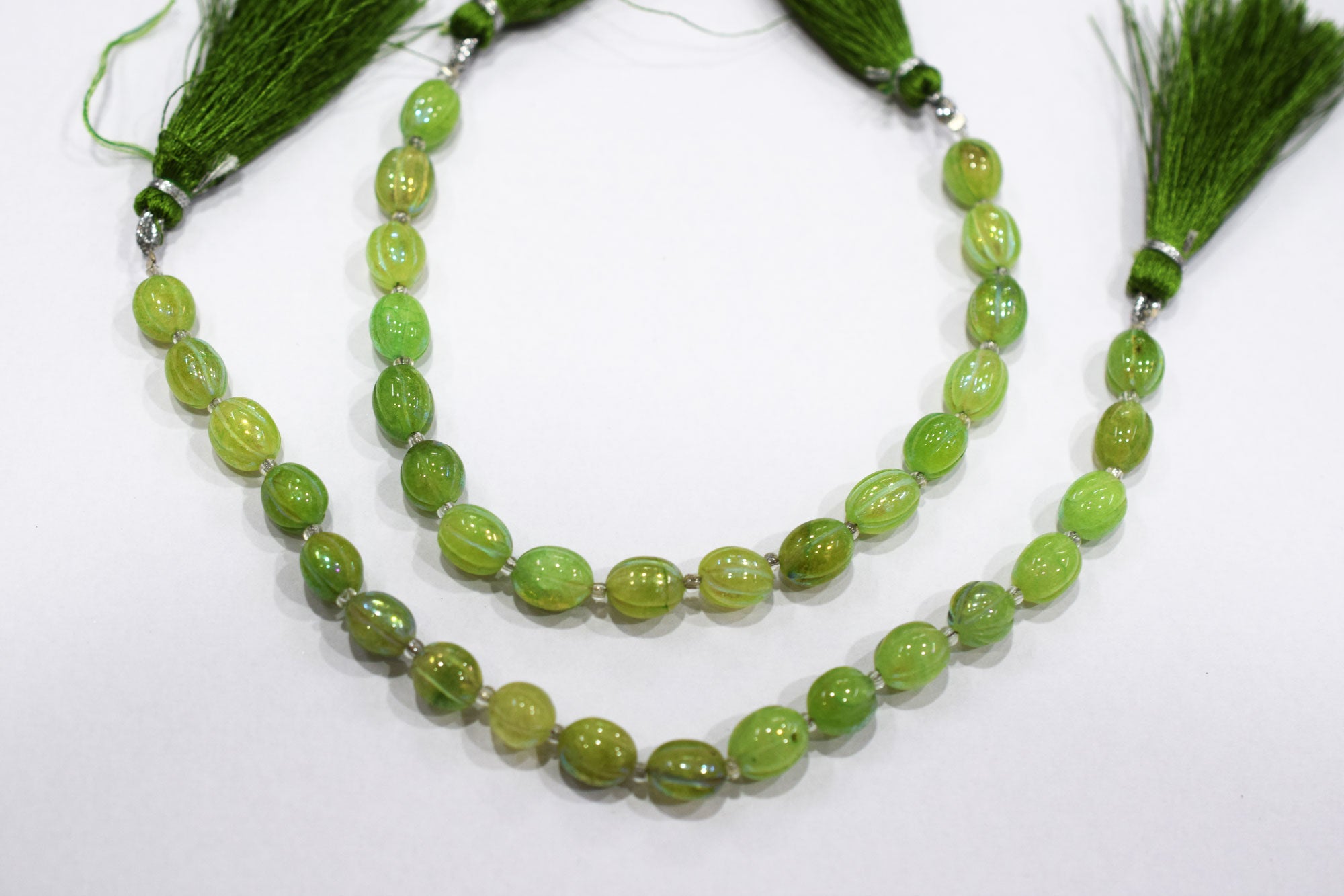 Rustic Metallic Coated Green Coloured Quartz Oval Carved Melon Shape Beads , Sold By Strand , 7x8 - 7.50x9.50 mm , 7" , 20416