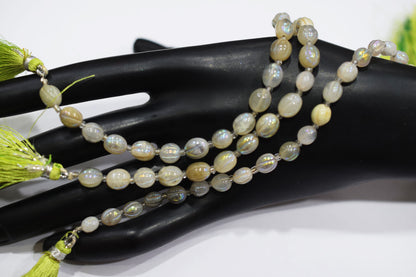 Rustic Metallic Coated Olive Green Coloured Quartz Oval Carved Melon Shape Beads , Sold By Strand , 4.5x6 - 5.5x7 mm , 7 Inches , 20418