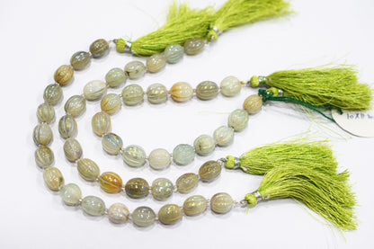 Rustic Metallic Coated Olive Green Coloured Quartz Oval Carved Melon Shape Beads , Sold By Strand , 9x11 - 10x11 mm , 7 Inches , 20419