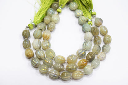Rustic Metallic Coated Olive Green Coloured Quartz Oval Carved Melon Shape Beads , Sold By Strand , 9x11 - 10x11 mm , 7 Inches , 20419